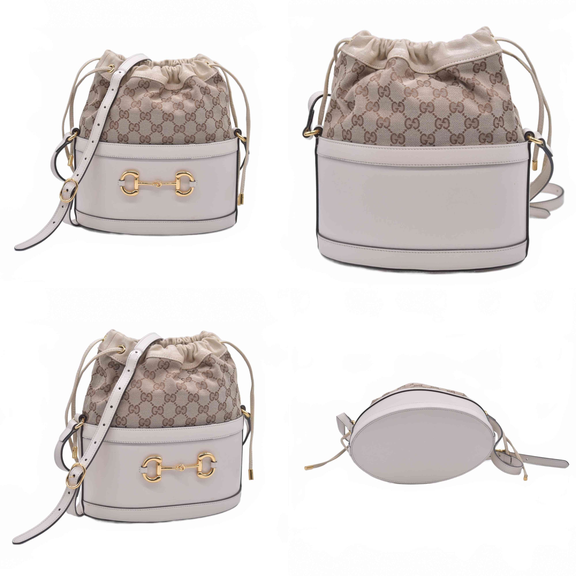 $2200 2021 Gucci Monogram Textured Calfskin Horsebit 1955 Drawstring Bucket Bag Beige Mystic White 10020895