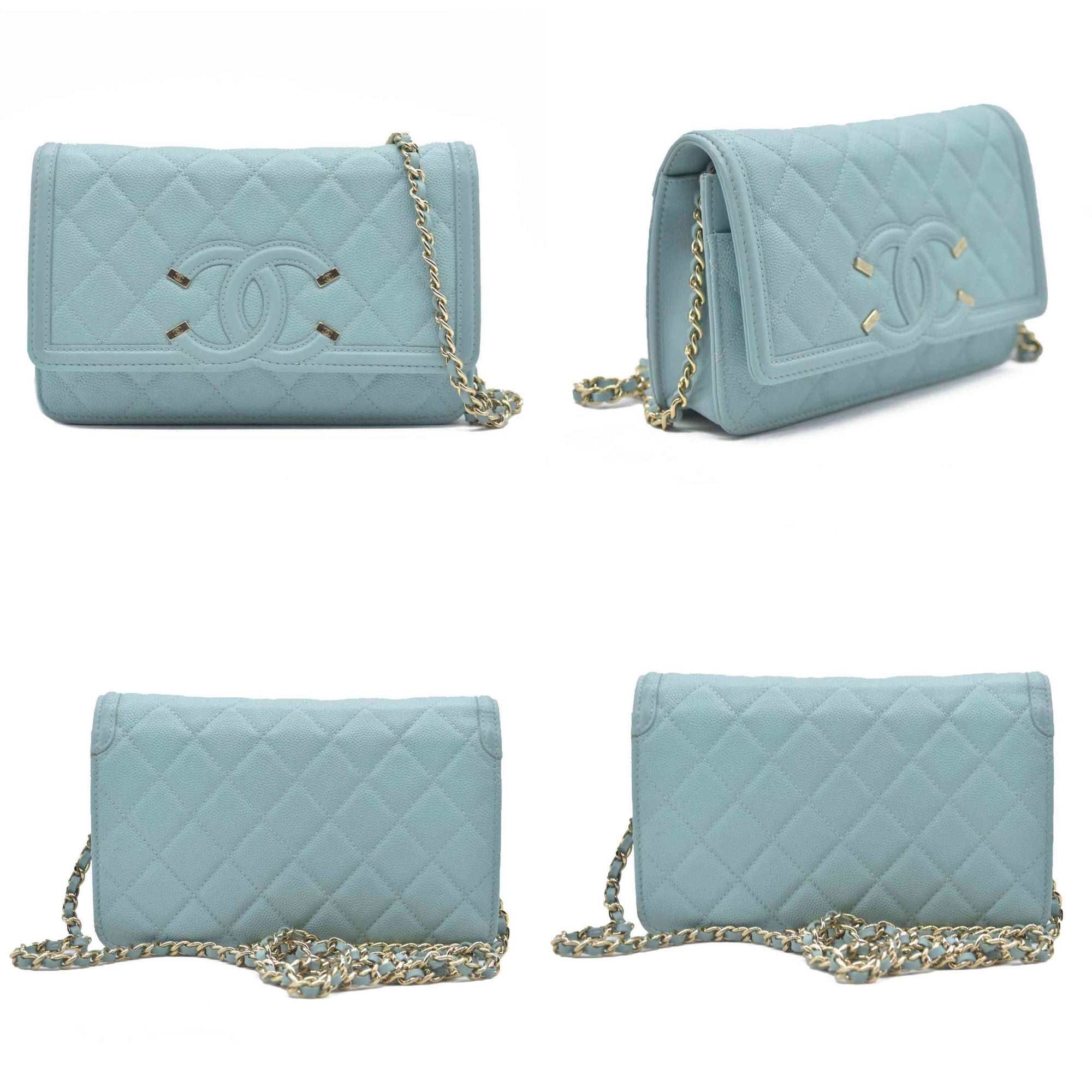 $3100 Chanel Caviar Quilted CC Filigree Wallet On Chain WOC Blue