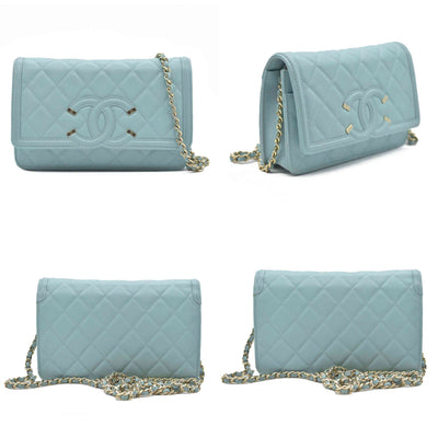 $3100 Chanel Caviar Quilted CC Filigree Wallet On Chain WOC Blue