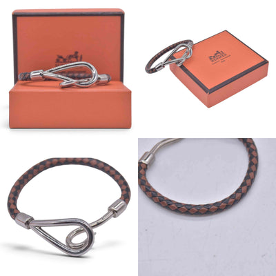 $390 HERMÈS Braided Leather Jumbo Hook Bracelet Brown CONSIGNMENT 10021601