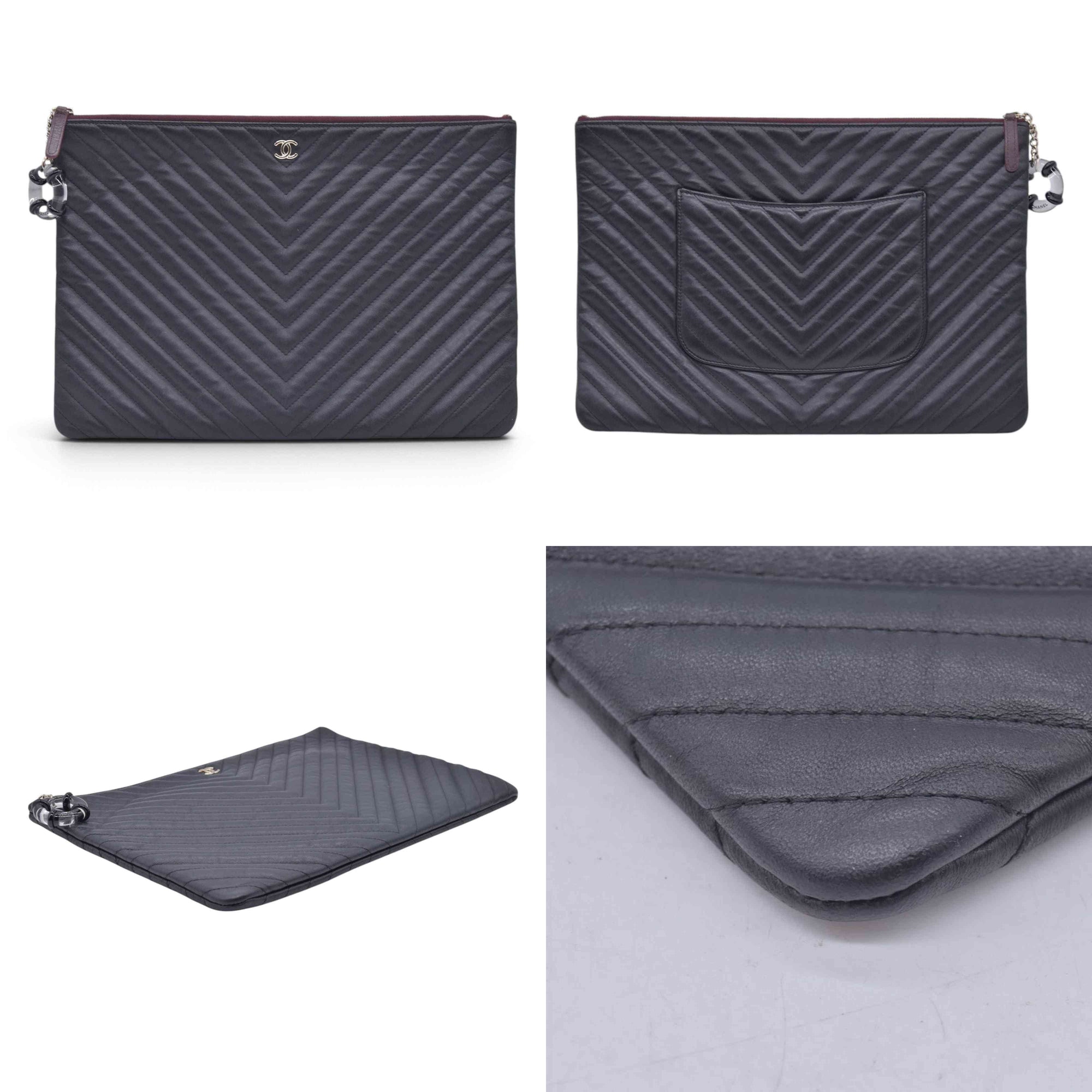 $1250 CHANEL Calfskin Chevron Quilted Large O-Case Clutch Pouch Dark Navy Charcoal CONSIGNMENT 10021554
