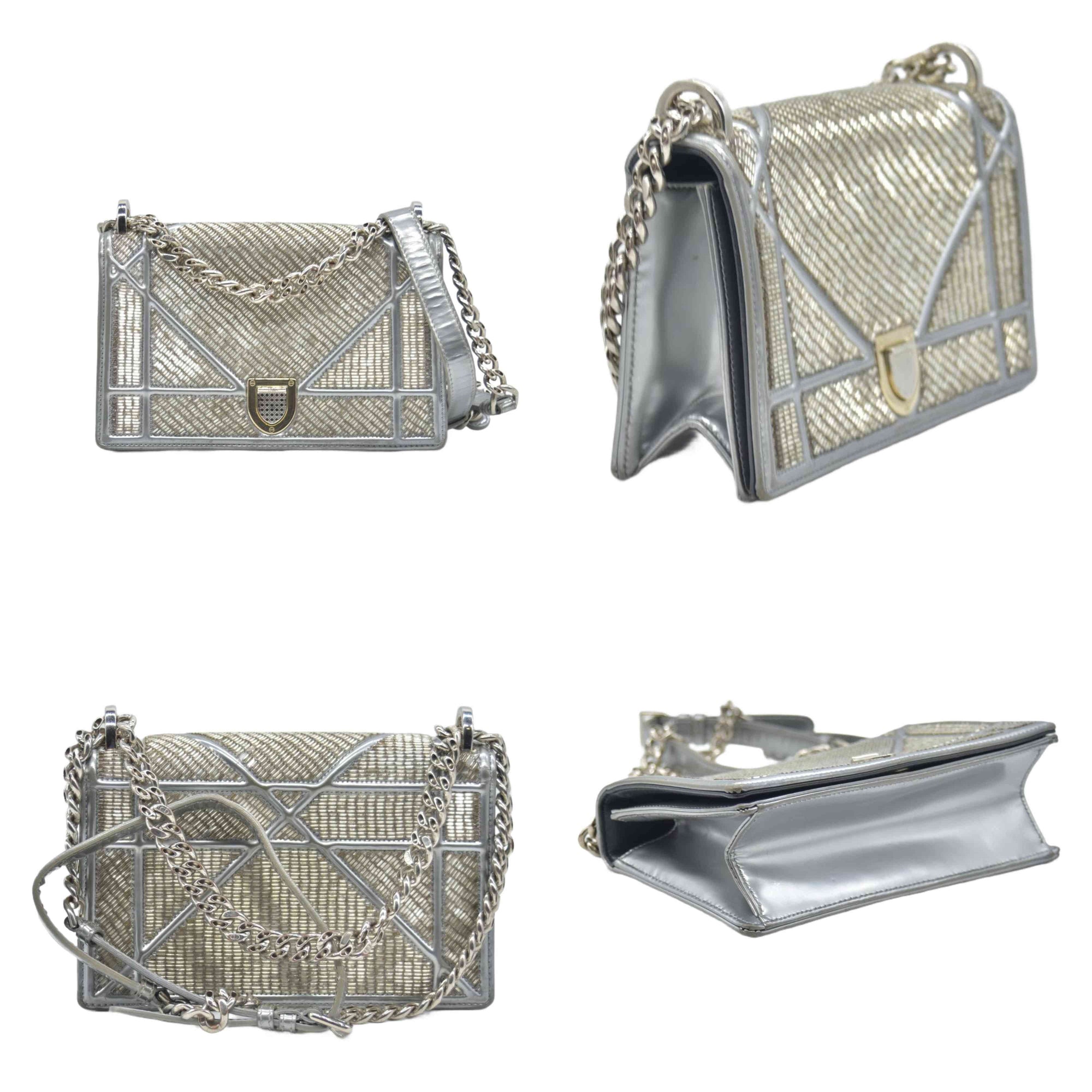 $3500 2016 CHRISTIAN DIOR Diorama Flap Bag Beaded Leather Small Silver 10020275