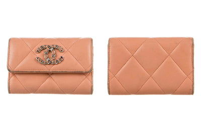 $1125 Chanel 19 Peach Quilted Leather Small Flap Wallet with Interlocking Chain CC 10021114