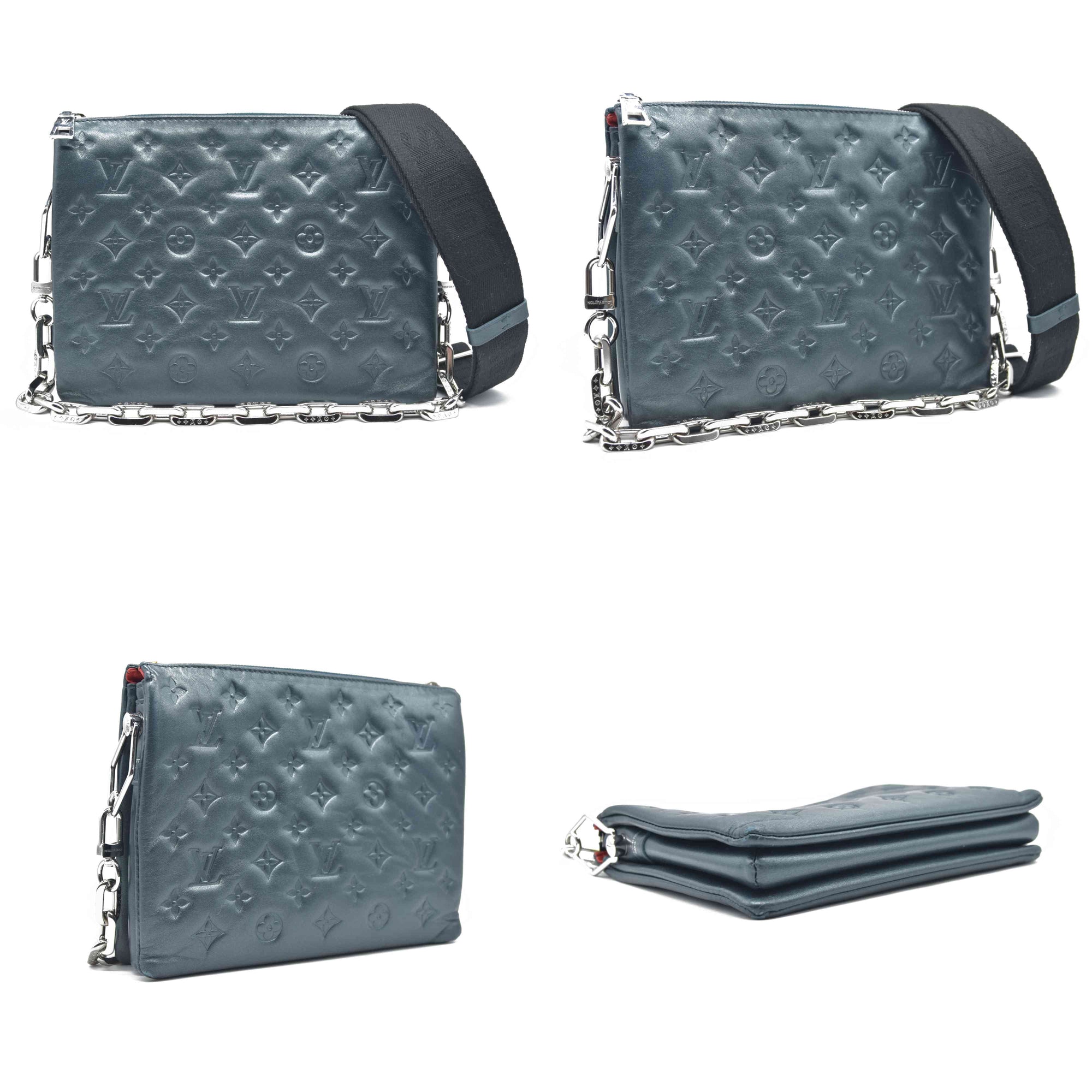 $4950 Louis Vuitton Metallic Lambskin Embossed Monogram Coussin PM Blue RFID
