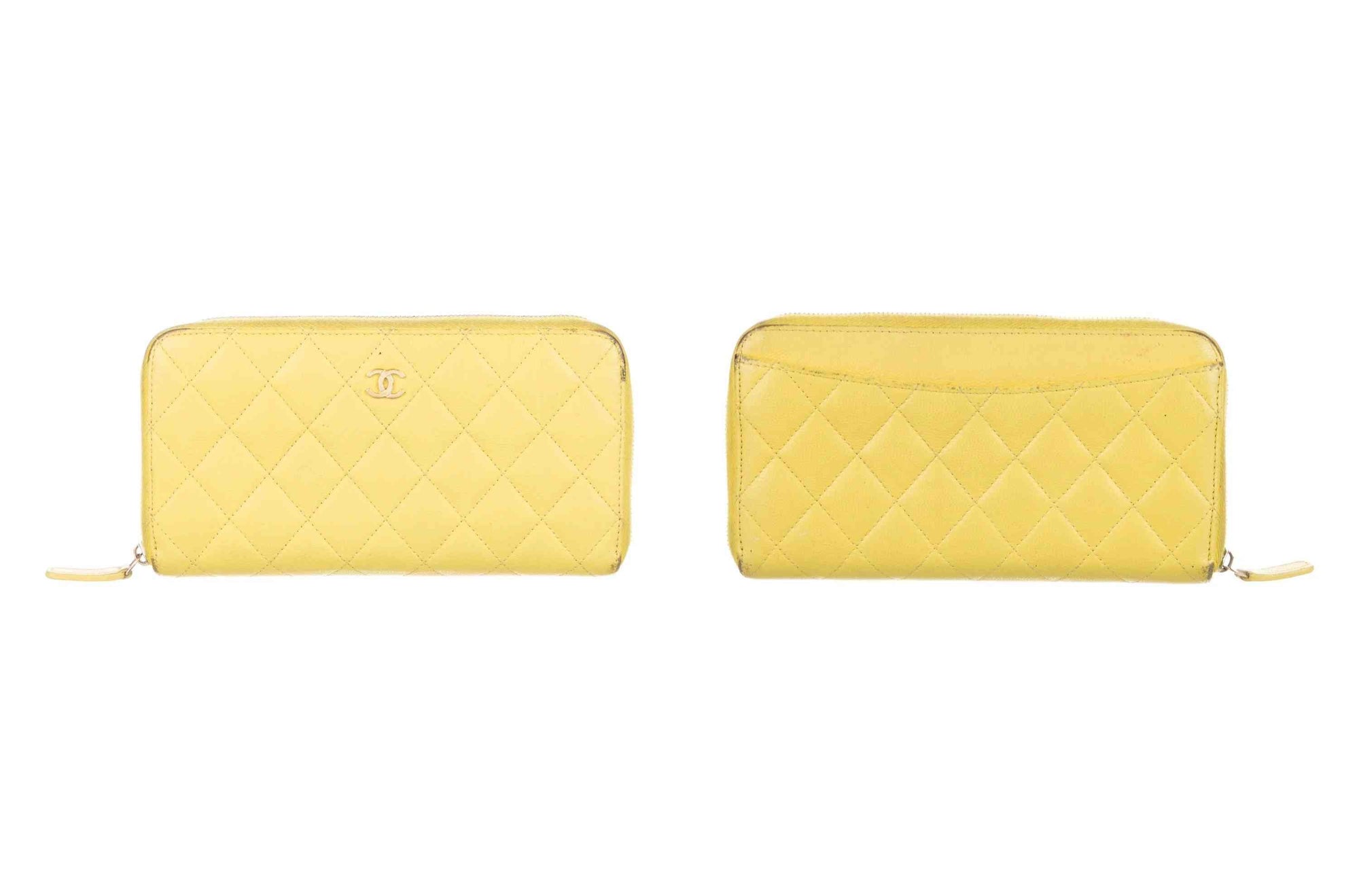 $1375 Chanel Yellow Quilted Caviar Leather Long Zip-Around Wallet 10021118