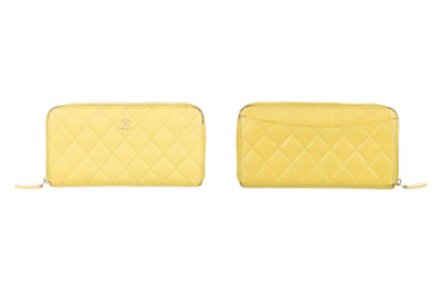 $1375 Chanel Yellow Quilted Caviar Leather Long Zip-Around Wallet 10021118