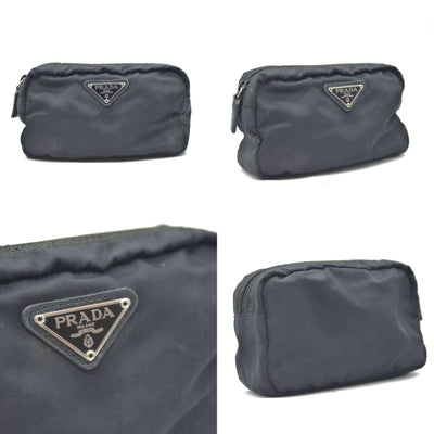 PRADA Logo Plate Nylon Cosmetic Pouch Bag Black