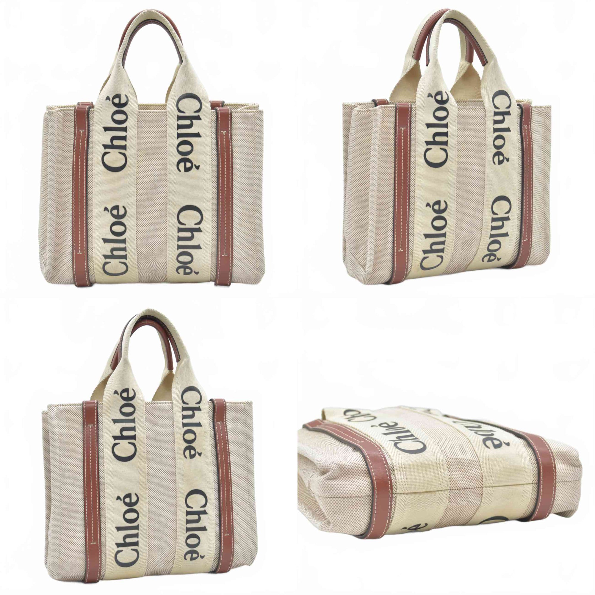 $1250 Chloe Linen Calfskin Small Woody Ribbon Tote  White Brown