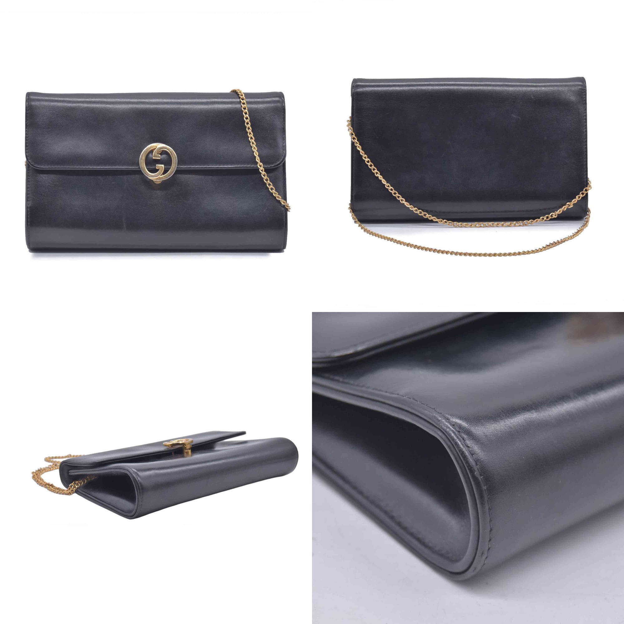 $1450 GUCCI Calfskin Vintage Interlocking GG Chain Flap Clutch Bag Black CONSIGNMENT 10021223