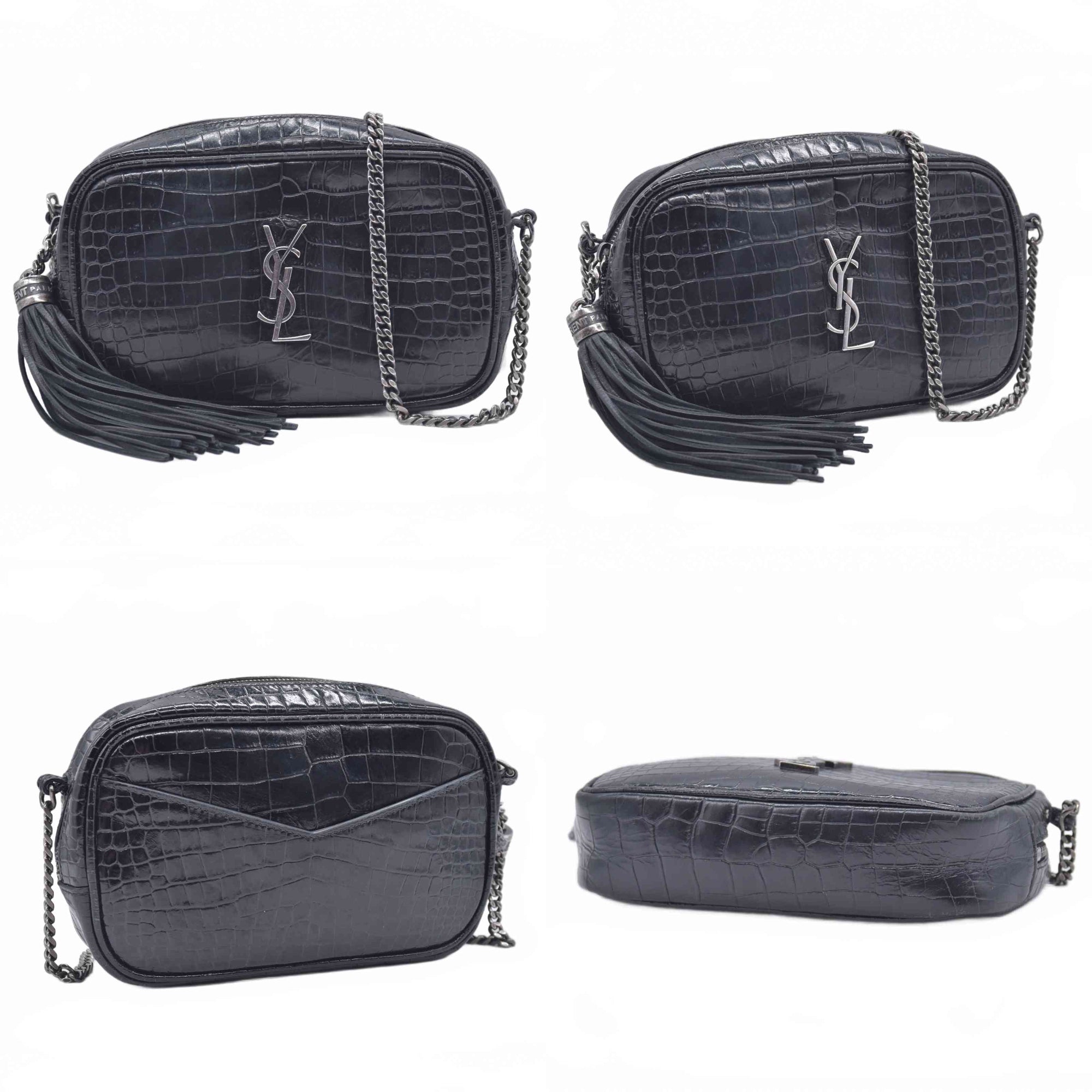 $1800 2019 Saint Laurent Calfskin Crocodile Embossed Monogram Mini Lou Camera Bag Black 10020872