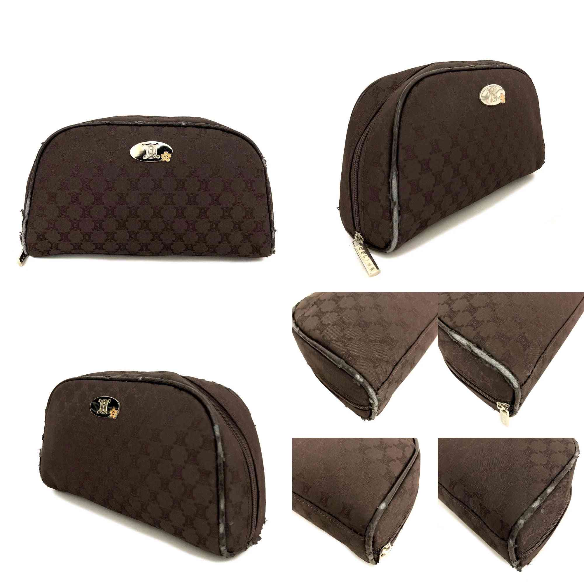 PRE-ORDER CELINE Macadam Cherry Blossoms Motif Canvas Cosmetic Pouch Bag Brown