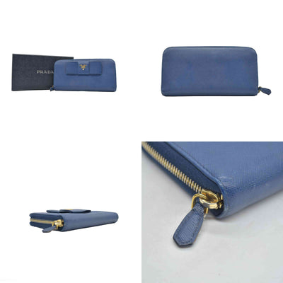 $695 PRADA Saffiano Bow Wallet Blue CONSIGNMENT