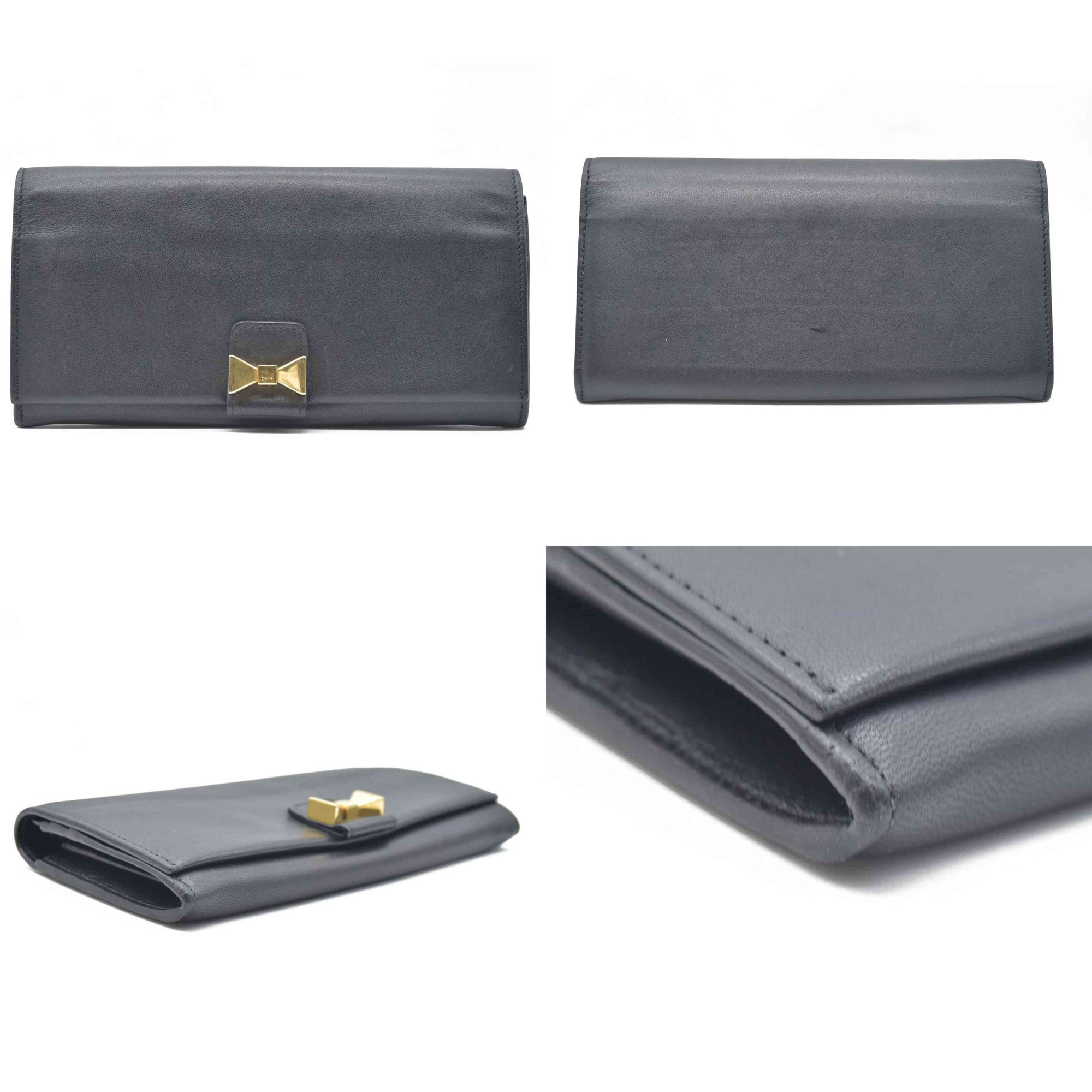 Chloe Ribbon Leather Long Bifold Wallet Purse Black CONSIGNMENT