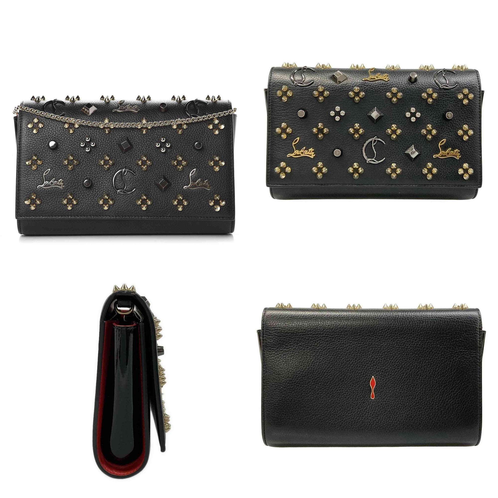 $1450 Christian Louboutin Grained Calfskin Spikes Loubinthesky Paloma Wallet On Chain Black Multimetal