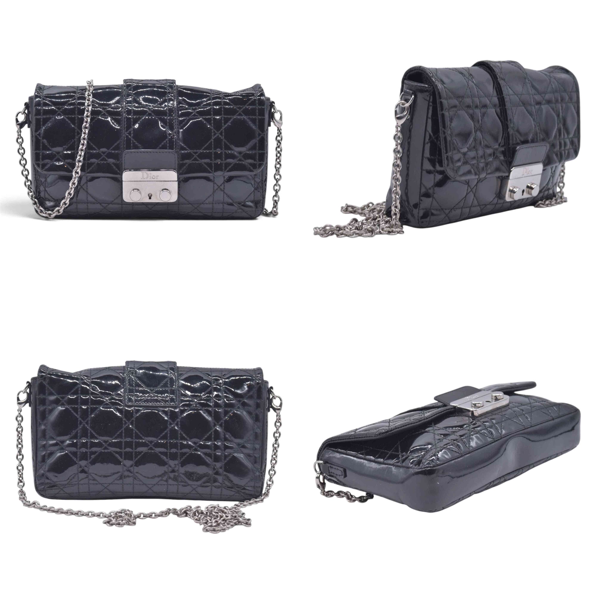 $2100 CHRISTIAN DIOR Cannage Patent Miss Dior Chain Shoulder Bag Black CONSIGNMENT 10021555