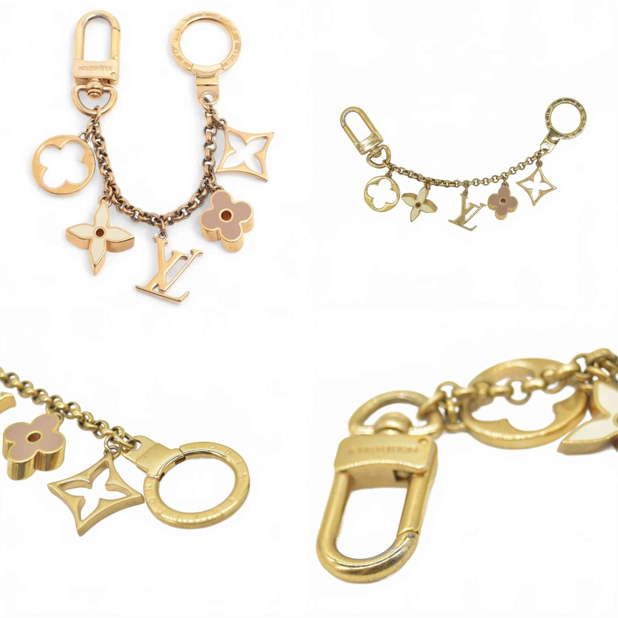 $655 2014 Louis Vuitton Brass Enamel Fleur De Monogram Bag Charm Chain Gold DP0164