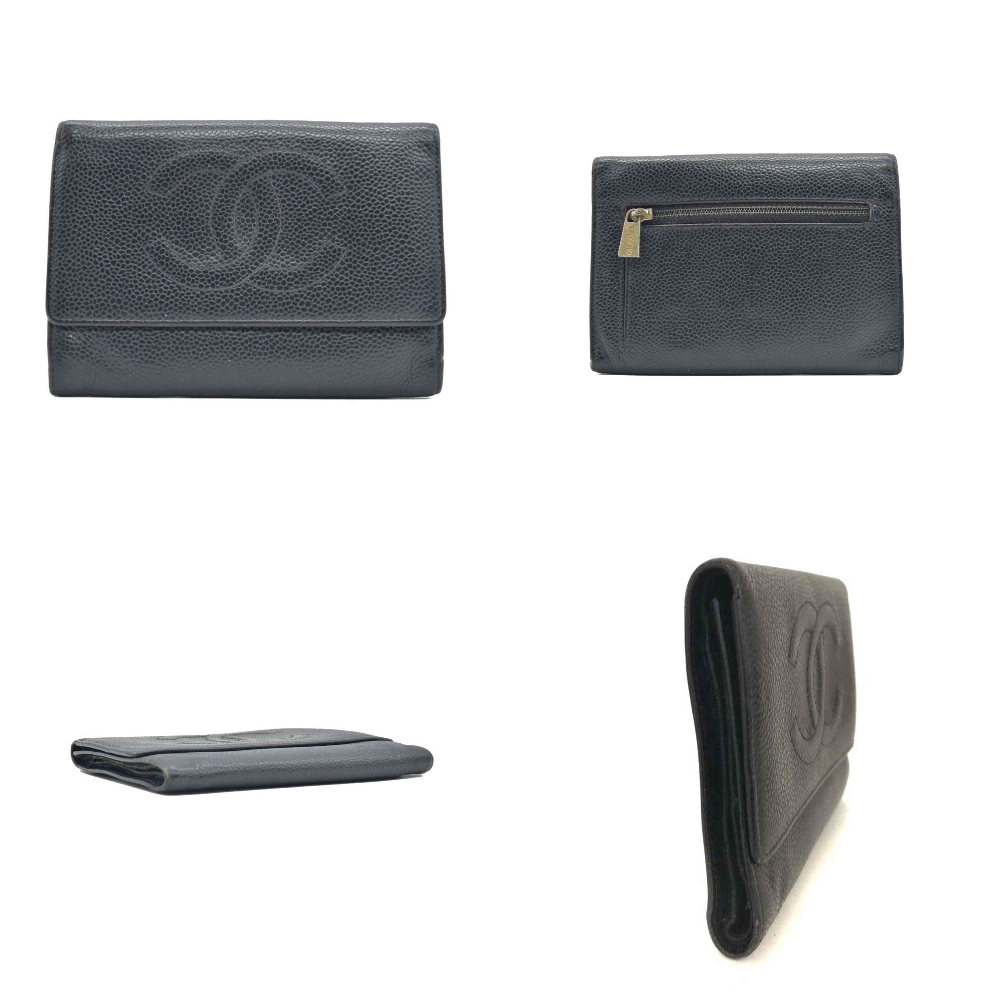 $925 CHANEL CC Logo Grained Calfskin Trifold Wallet Black 6117536