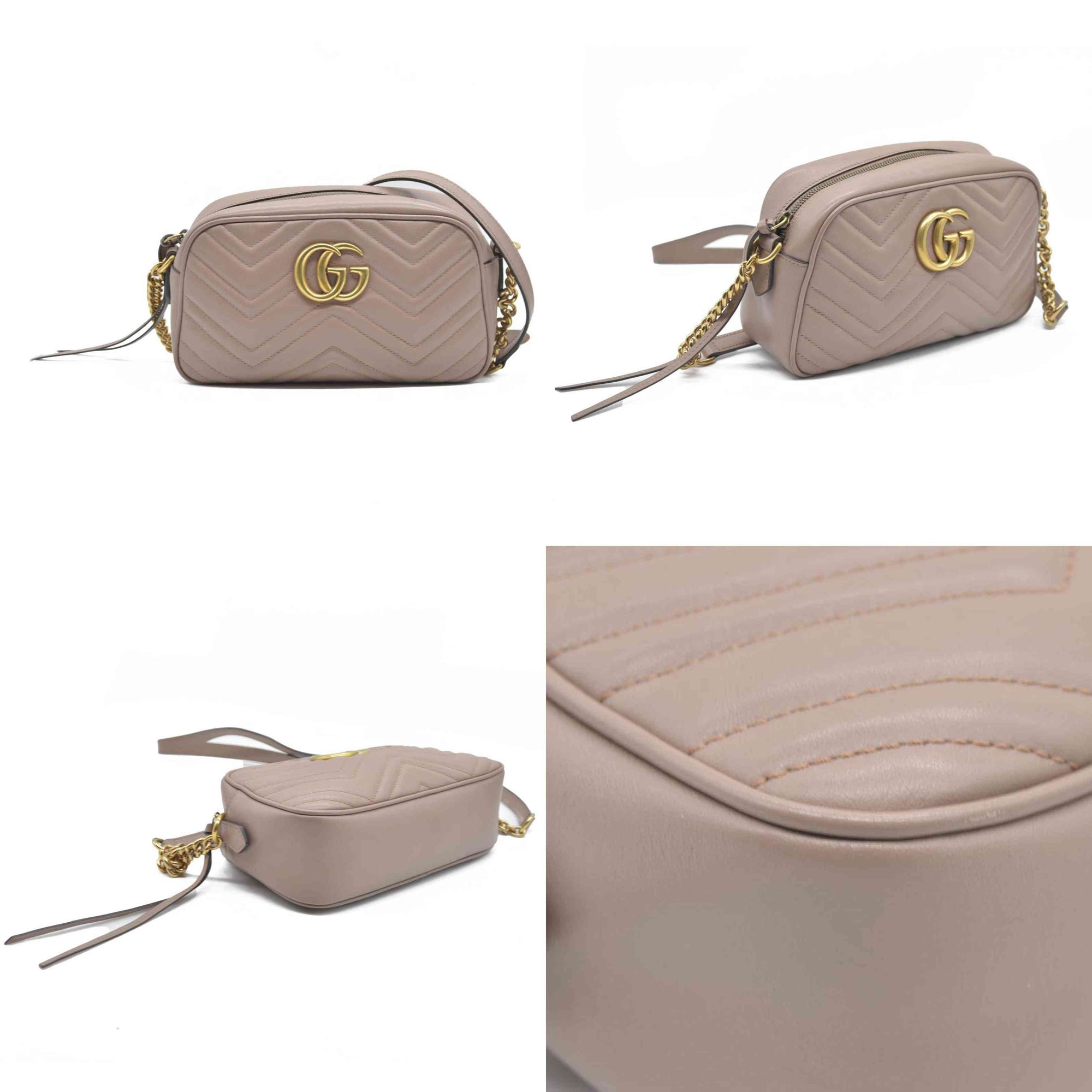 $1950 Gucci  Calfskin Matelasse Small GG Marmont Chain Shoulder Bag Beige