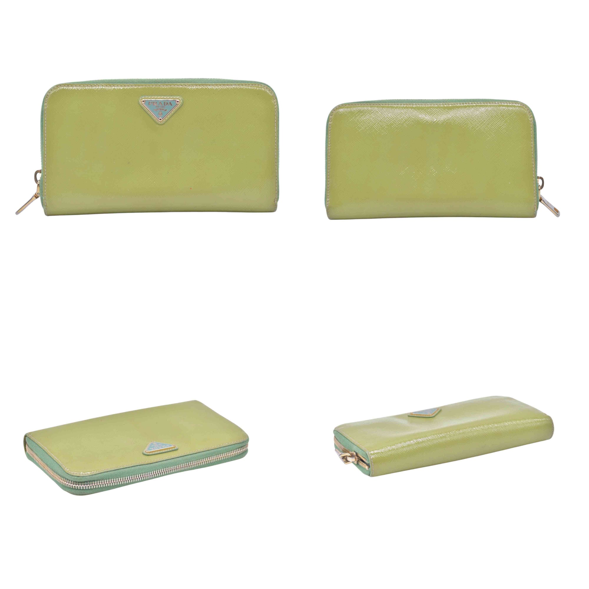$650 PRADA Lime Green Patent Leather Triangle Logo Zip Wallet CONSIGNMENT 10021459