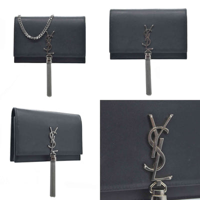 $2100 Saint Laurent Smooth Calfskin Classic Monogram Kate Tassel Chain Wallet Black