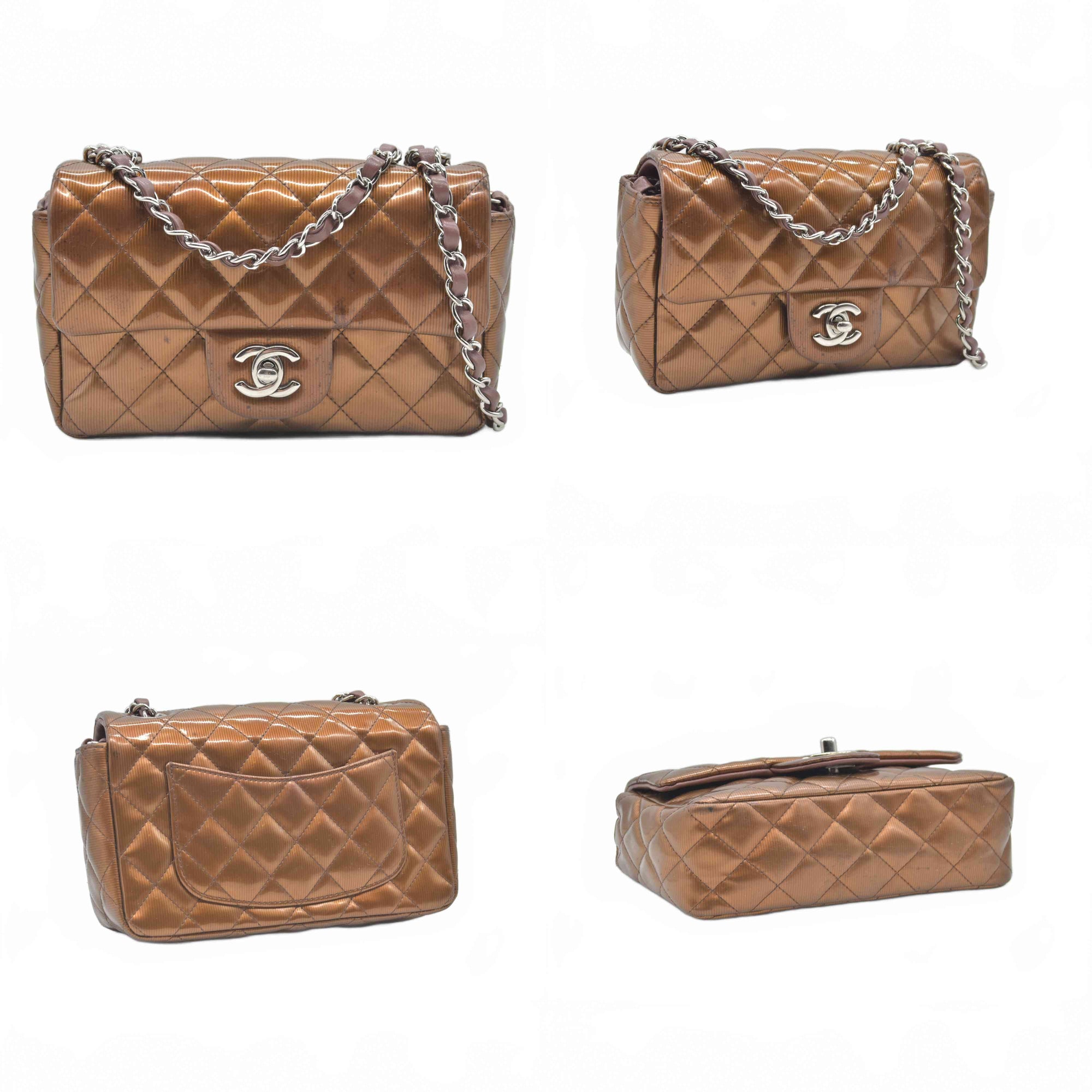 $5200 2013 Chanel Patent Calfskin Quilted Mini Rectangular Flap Bronze Metallic