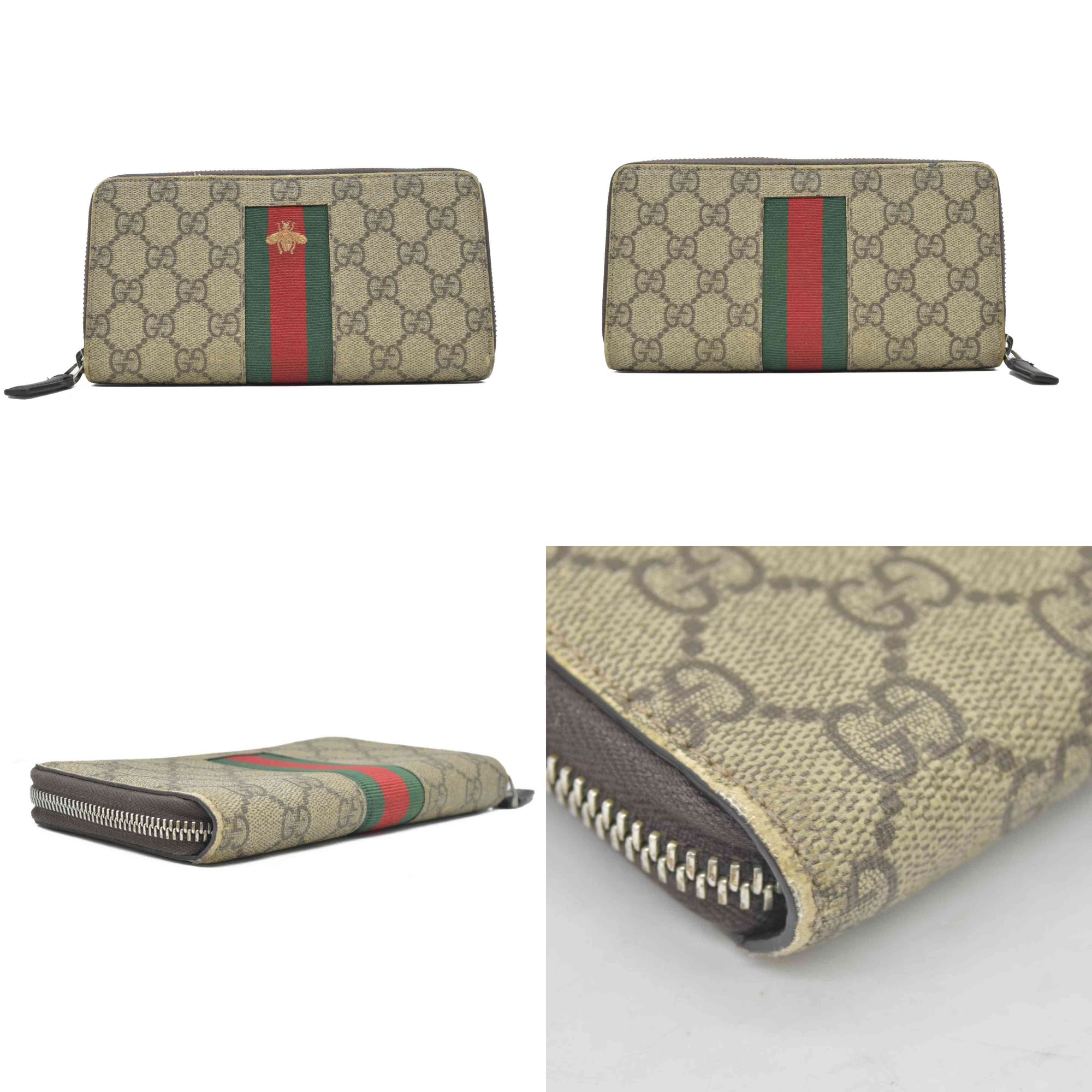 Gucci GG Supreme Monogram Web Bee Zip Around Wallet Beige Cocoa CONSIGNMENT