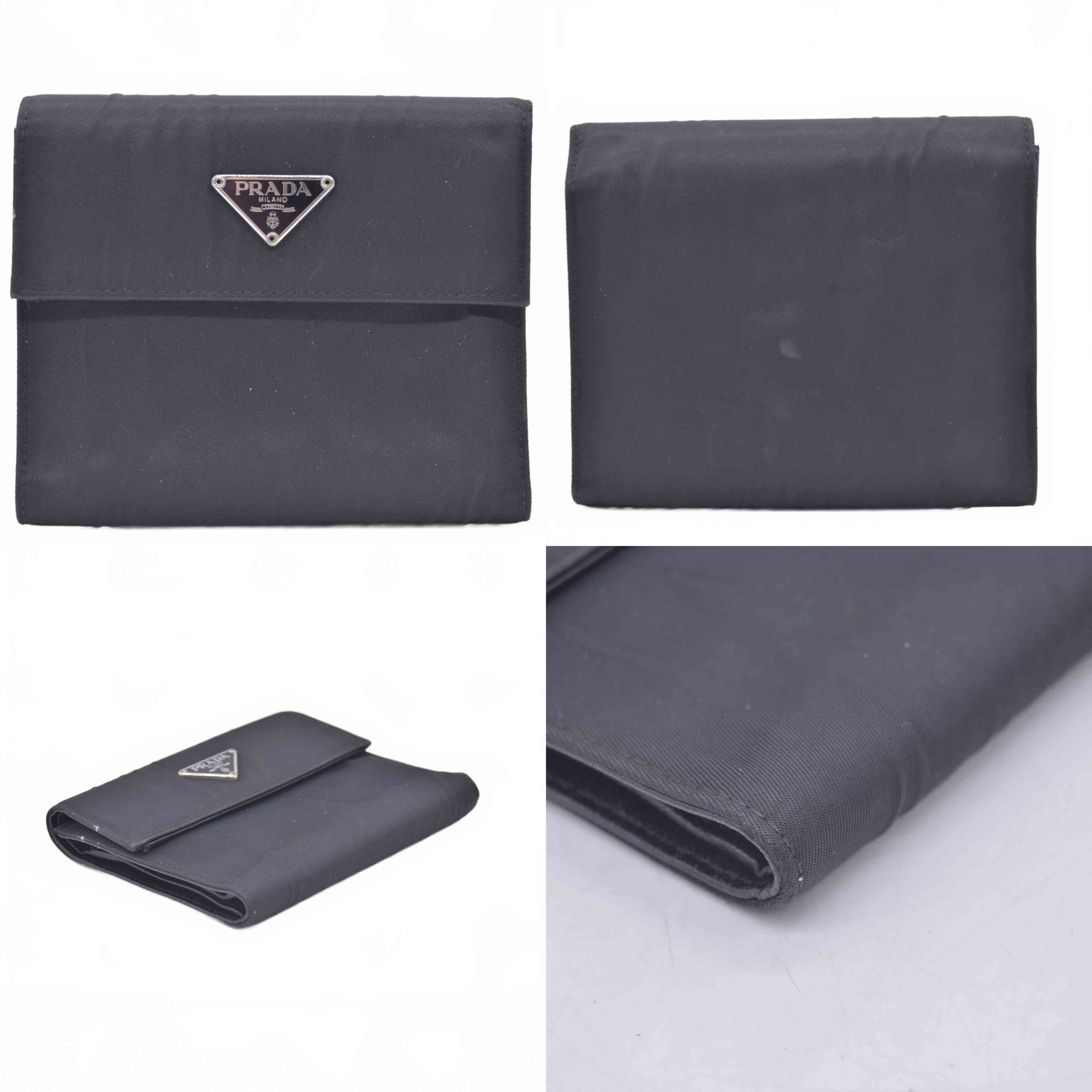 $775 PRADA Logo Plate Nylon Trifold Wallet Black 10021030