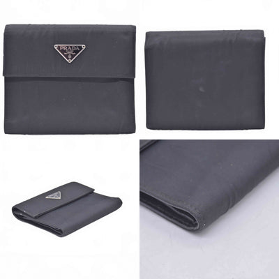 $775 PRADA Logo Plate Nylon Trifold Wallet Black 10021030