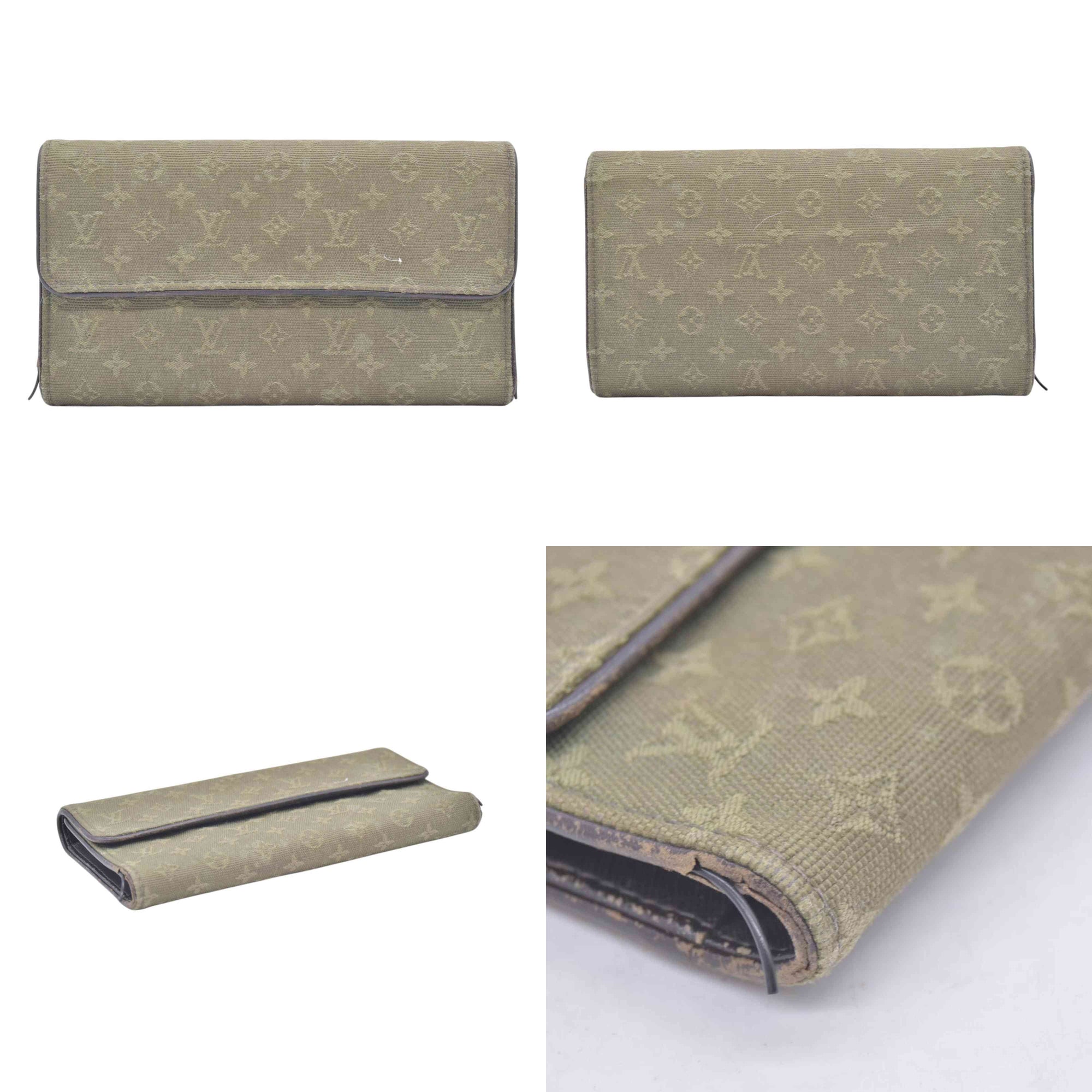 $480 LOUIS VUITTON Olive Green Monogram Mini Lin Flap Wallet CONSIGNMENT 10021460