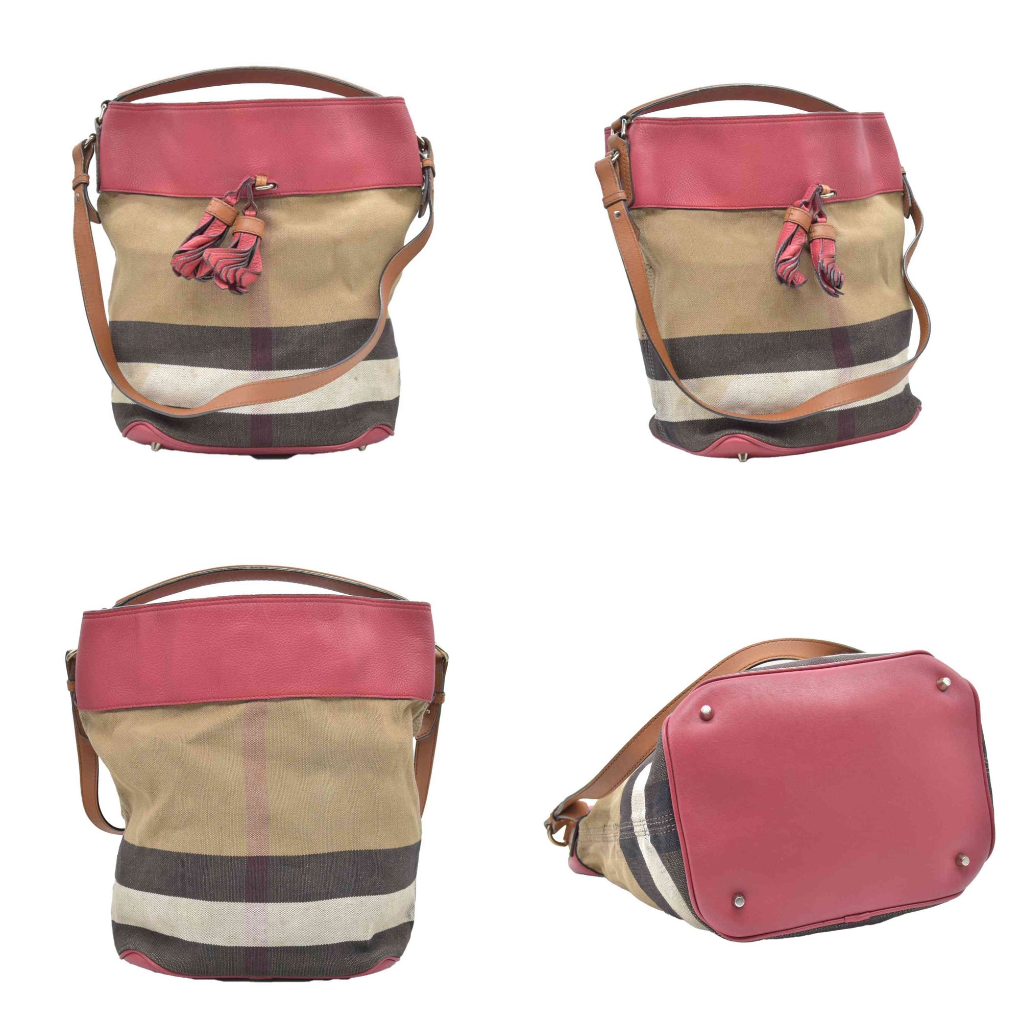 $1150 CONSIGNMENT BURBERRY Canvas Mega Check Medium Ashby Tassel Hobo Cinnamon Red