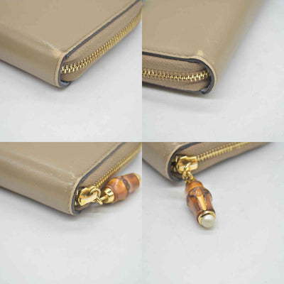 $795 GUCCI Bamboo Pearl Leather Zip Around Long Wallet Beige