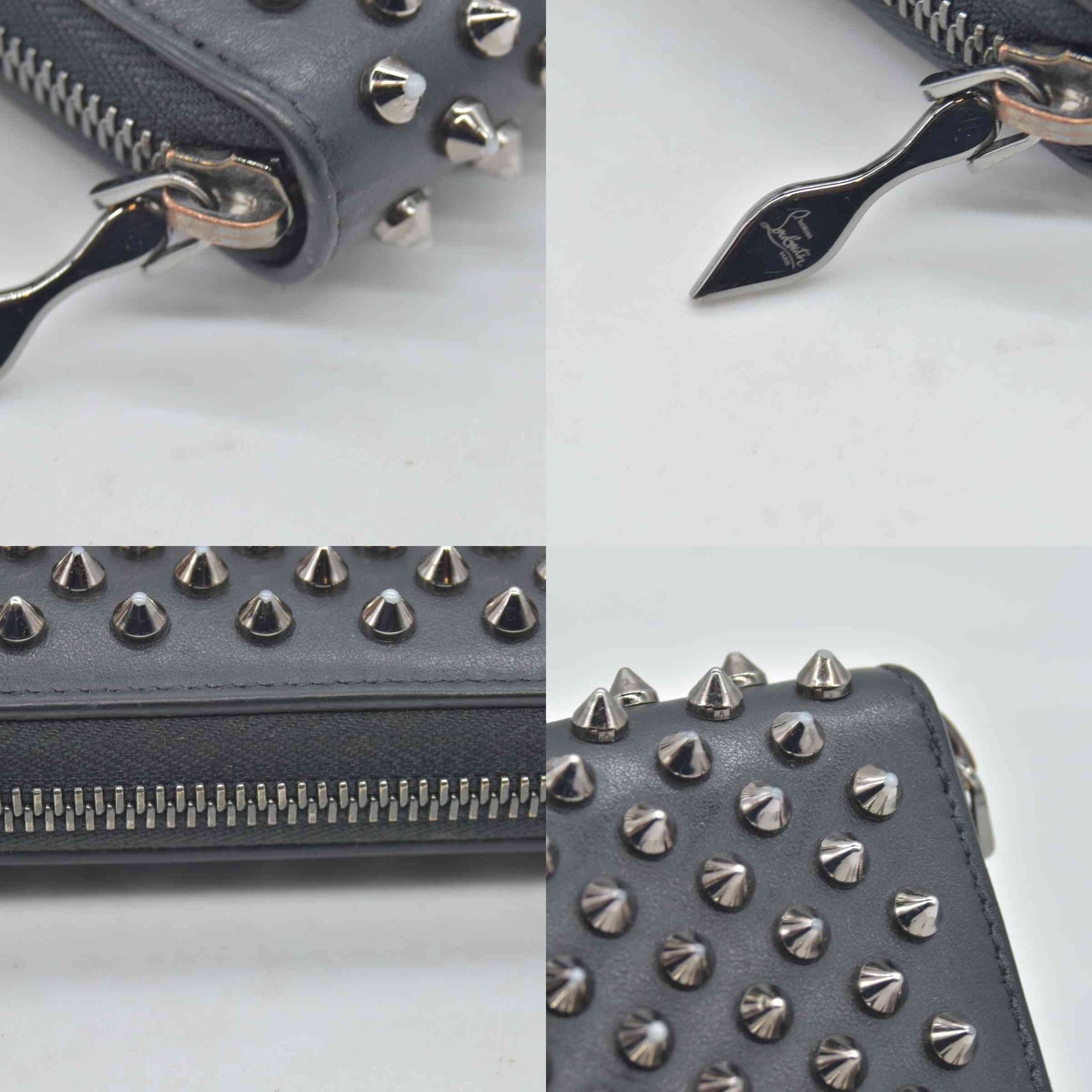 $950 Christian Louboutin Calfskin Panettone Spiked Zip Around Wallet Black