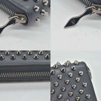 $950 Christian Louboutin Calfskin Panettone Spiked Zip Around Wallet Black