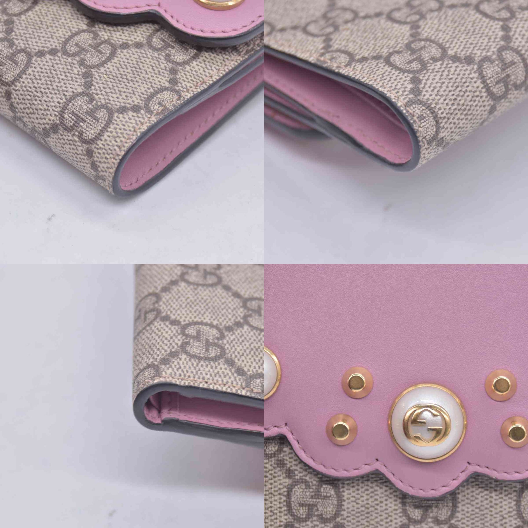 $550 Gucci GG Supreme Monogram Pearl Studded French Wallet Pink CONSIGNMENT