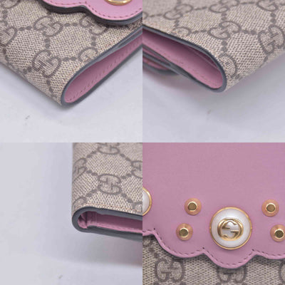 $550 Gucci GG Supreme Monogram Pearl Studded French Wallet Pink CONSIGNMENT