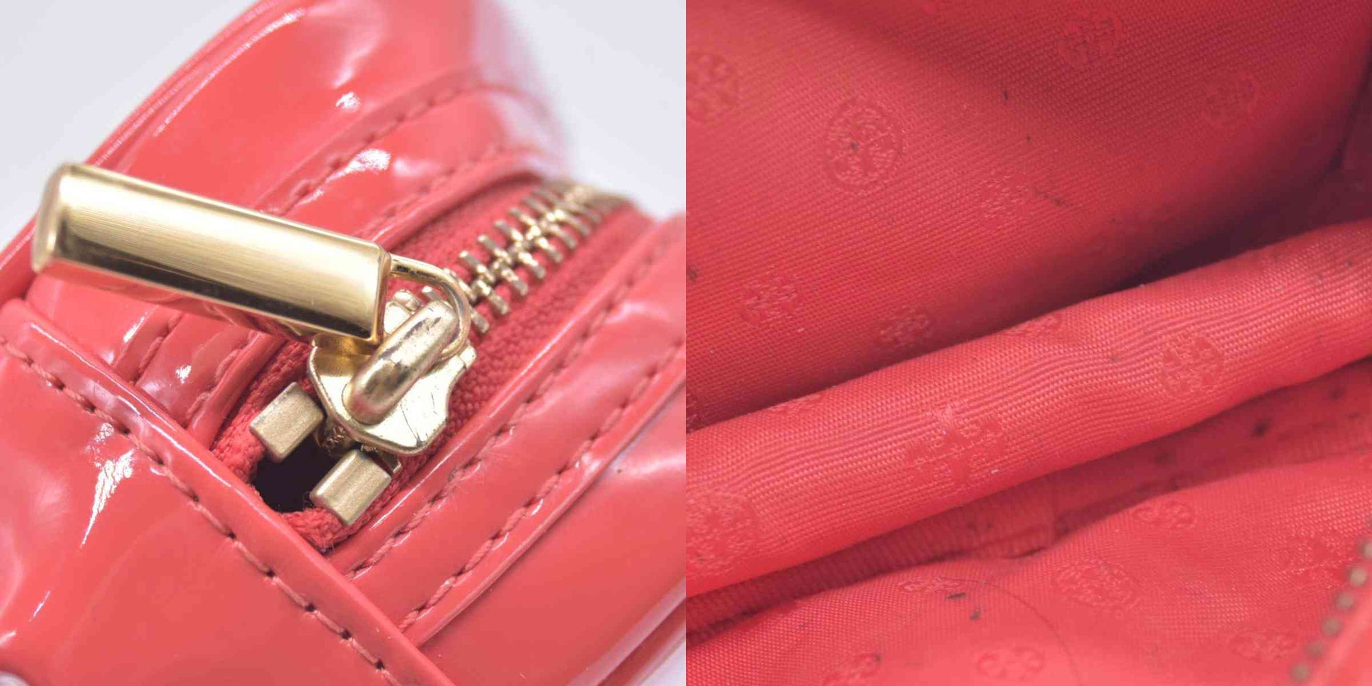 $180 TORY BURCH Patent Leather Double T Logo Cosmetic Pouch Coral Pink CONSIGNMENT 10021422