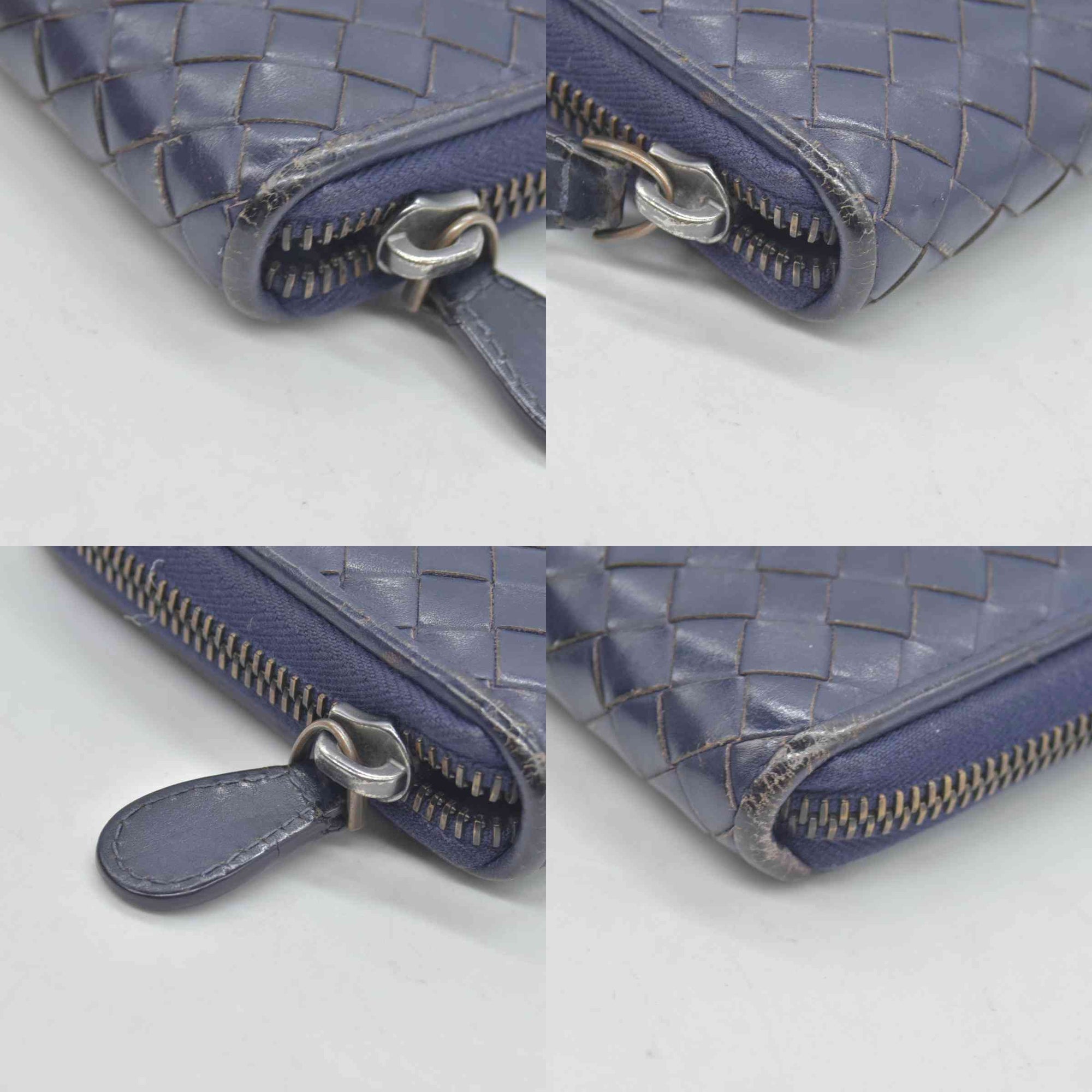 $1100 Bottega Veneta Nappa Intrecciato Zip Around Wallet Navy CONSIGNMENT