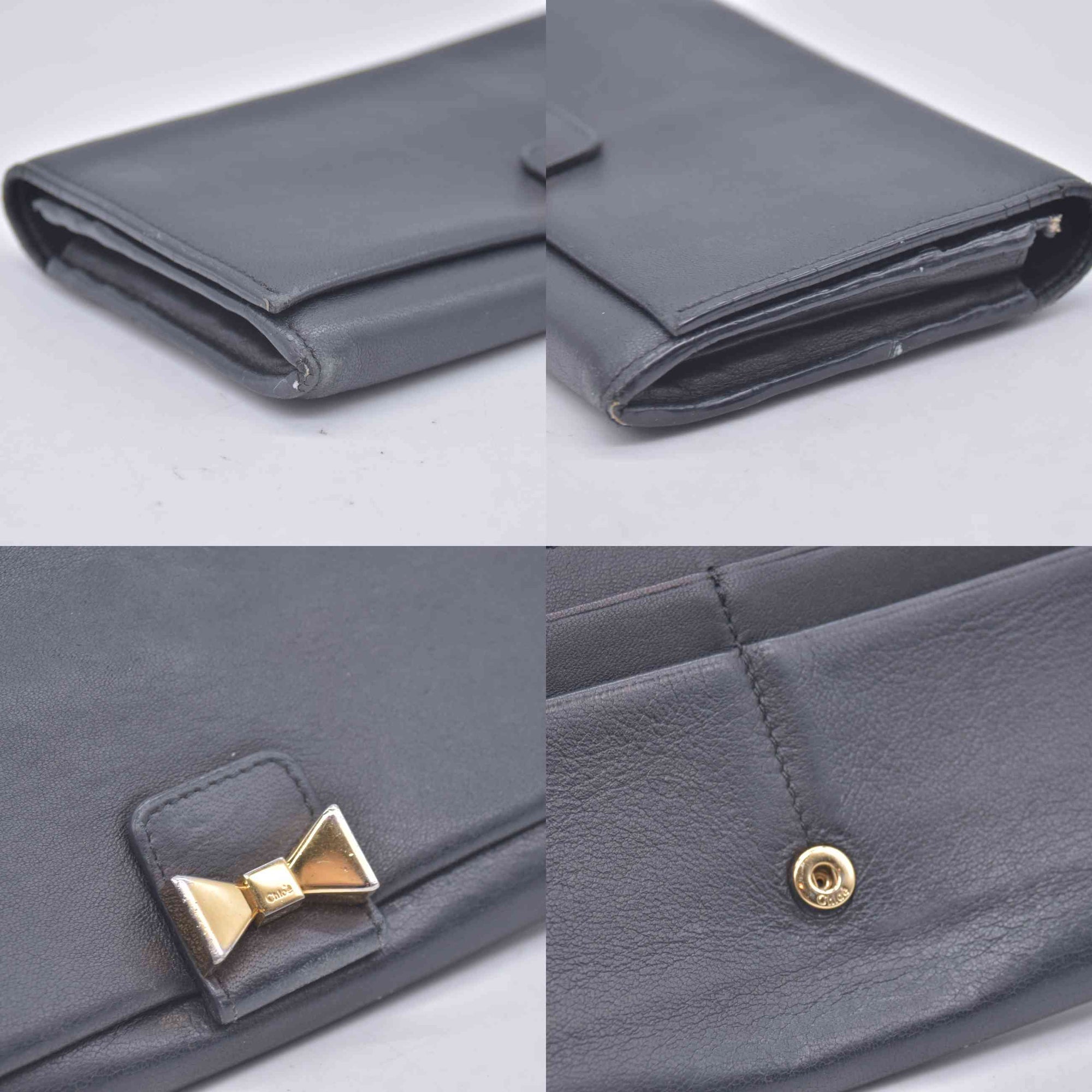 $690 Chloe Ribbon Leather Long Bifold Wallet Purse Black