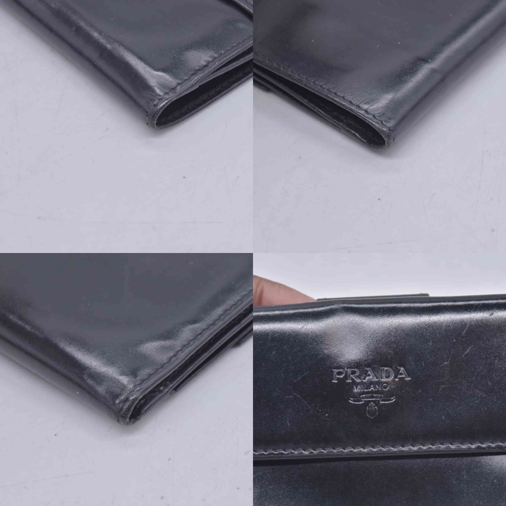 $520 PRADA Spazzolato Embossed Logo Flap Compact Wallet Navy Blue CONSIGNMENT 10021596