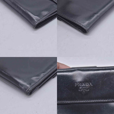 $520 PRADA Spazzolato Embossed Logo Flap Compact Wallet Navy Blue CONSIGNMENT 10021596