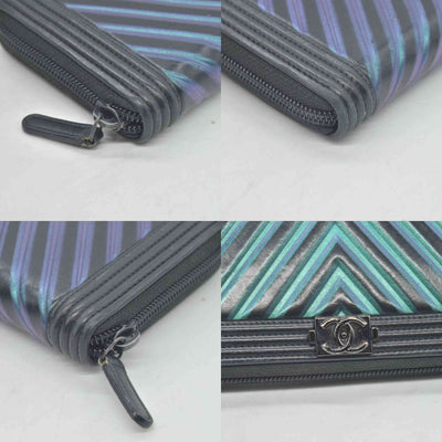 Chanel Calfskin Chevron Quilted Iridescent Zip Around Boy Wallet CONSIGNMENT