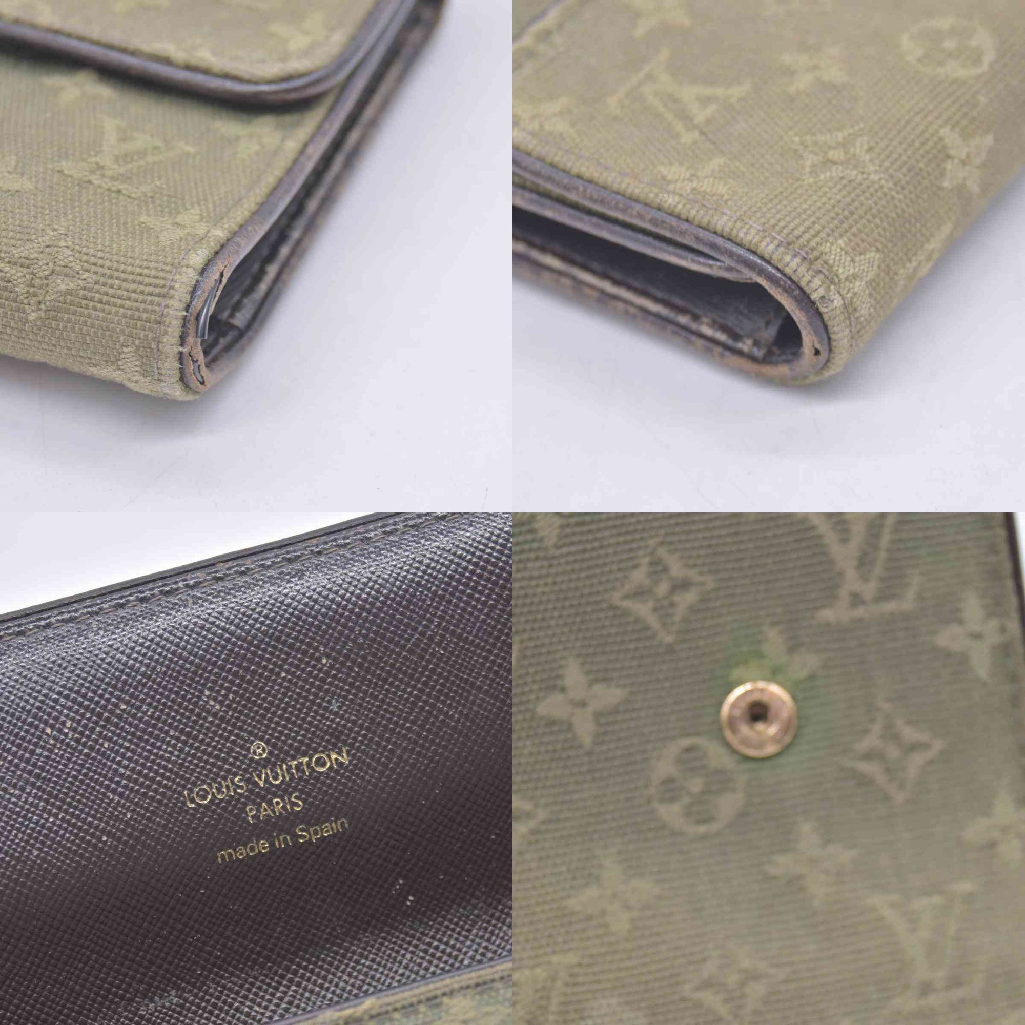 $480 LOUIS VUITTON Olive Green Monogram Mini Lin Flap Wallet CONSIGNMENT 10021460