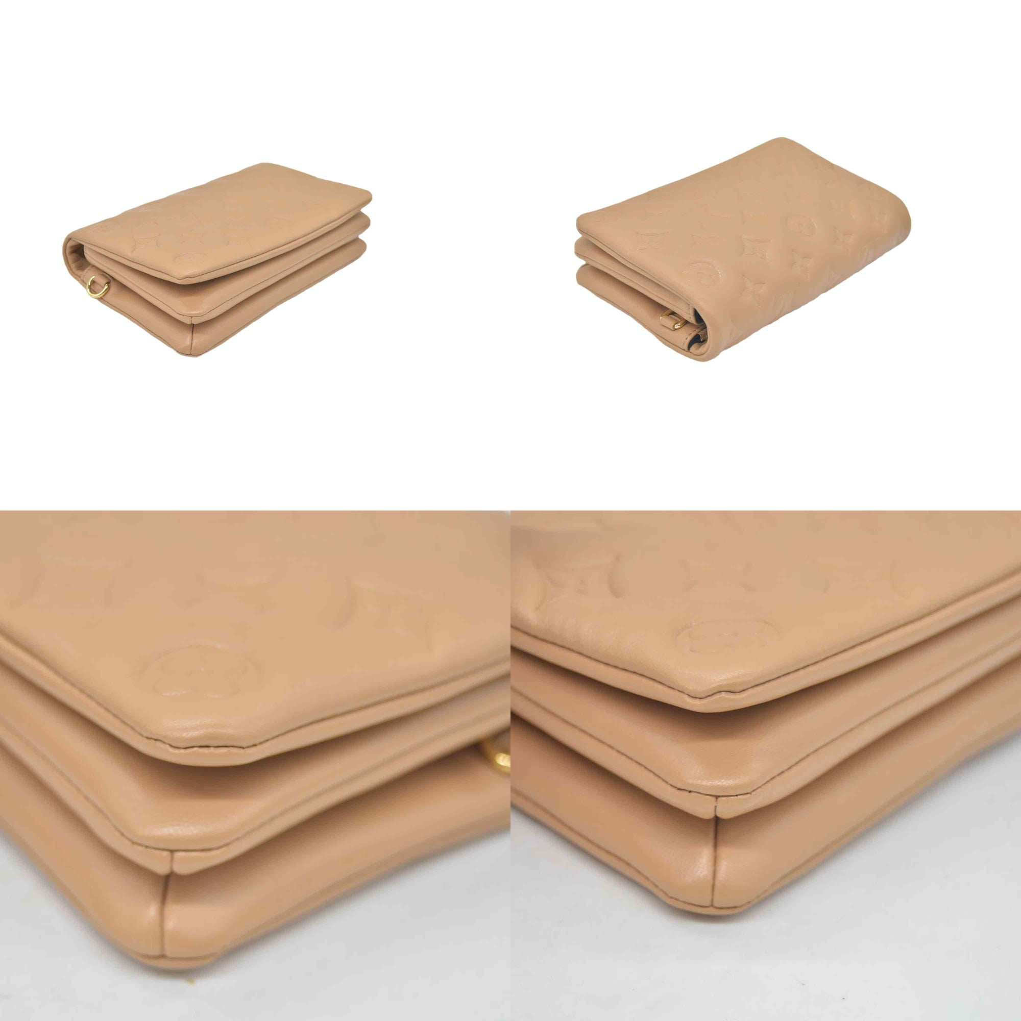 $3150 Louis Vuitton Lambskin Embossed Monogram Pochette Coussin Camel 10020376