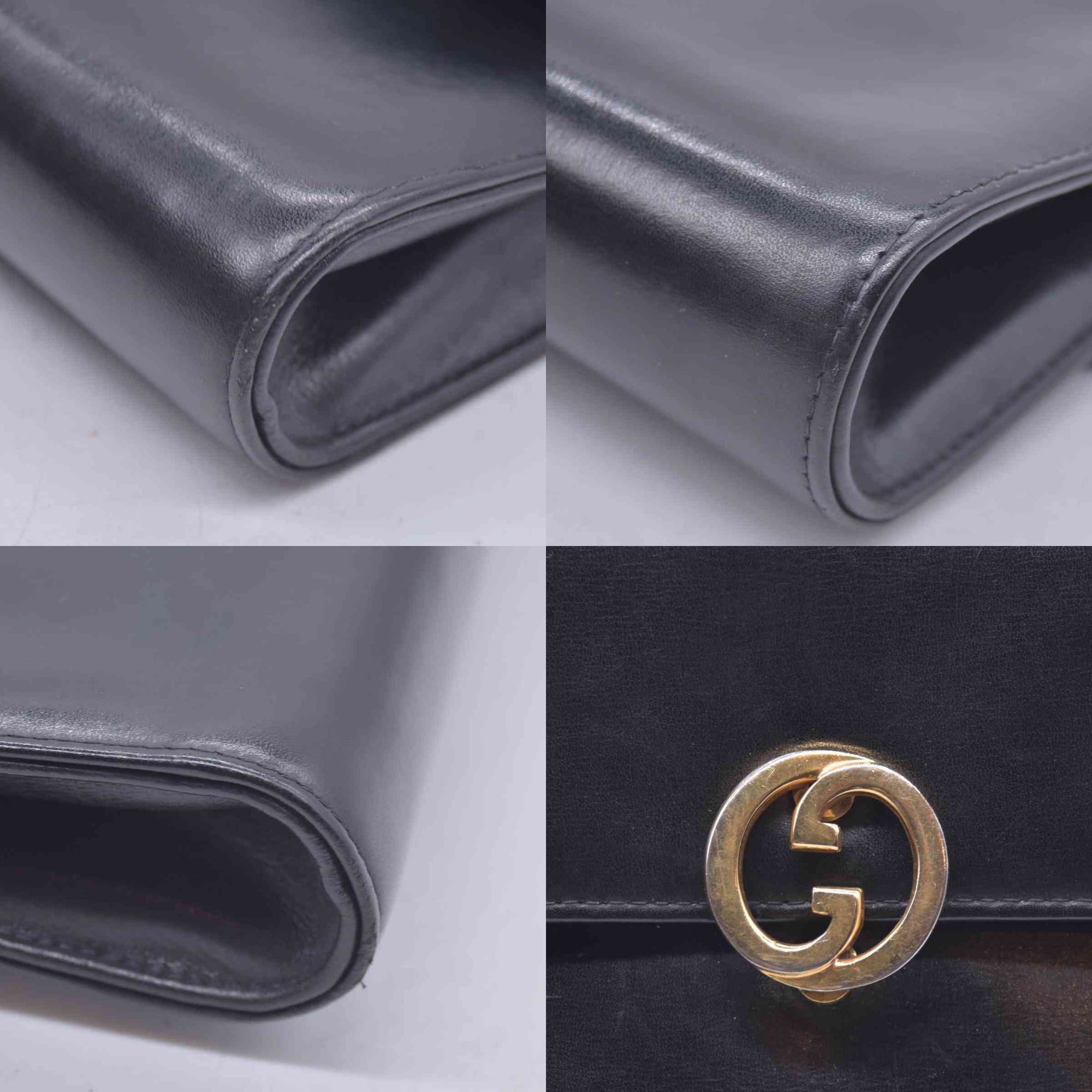 $1450 GUCCI Calfskin Vintage Interlocking GG Chain Flap Clutch Bag Black CONSIGNMENT 10021223