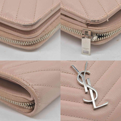 $625 Saint Laurent Grain De Poudre Matelasse Chevron Monogram Compact Zip Around Wallet Pink