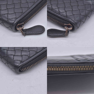 $850 BOTTEGA VENETA Bottega Veneta Black Intrecciato Long Zip Wallet CONSIGNMENT 10021571