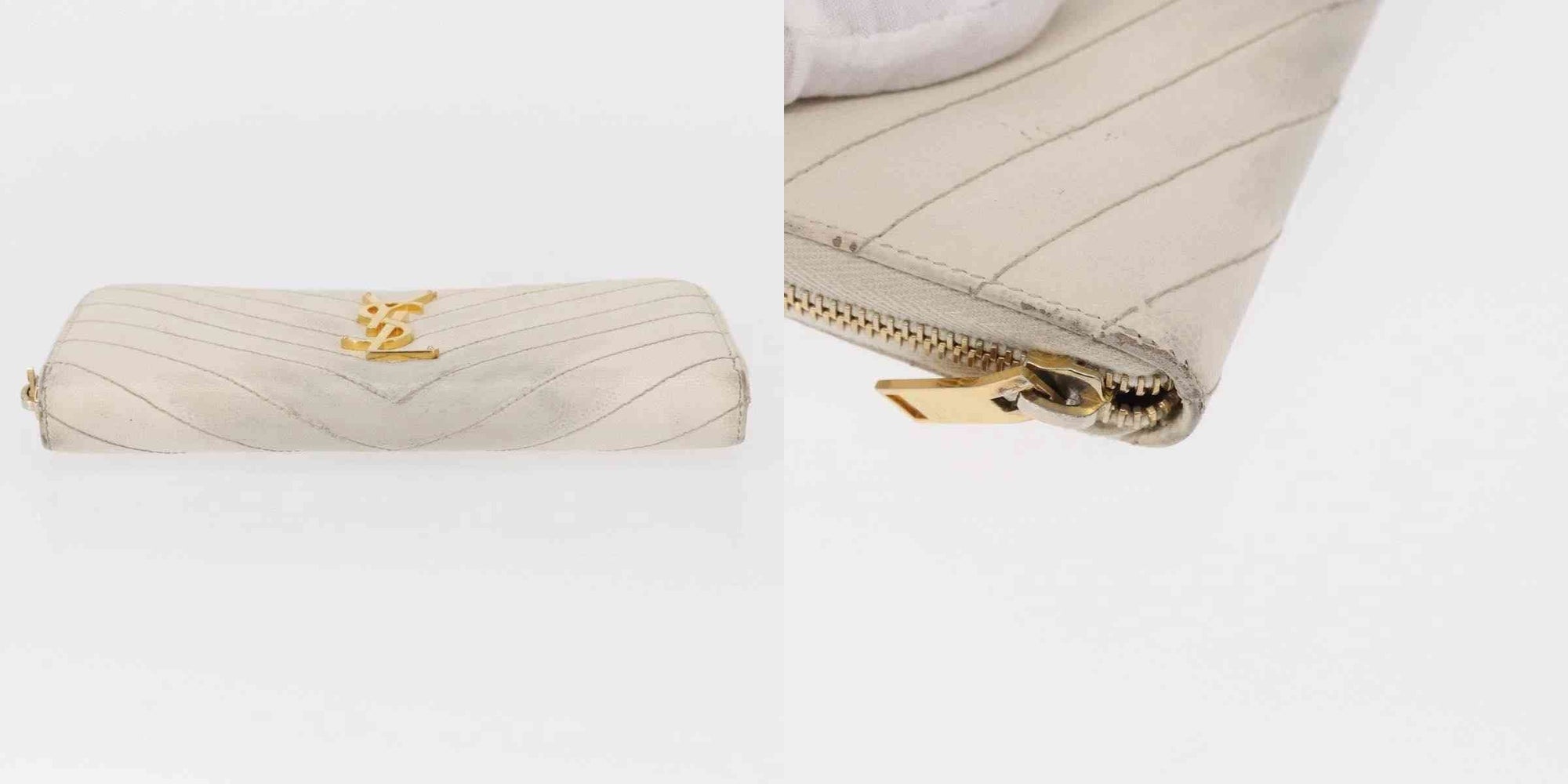 $950 Saint Laurent Grain De Poudre Matelasse Chevron Monogram Zip Around Wallet White