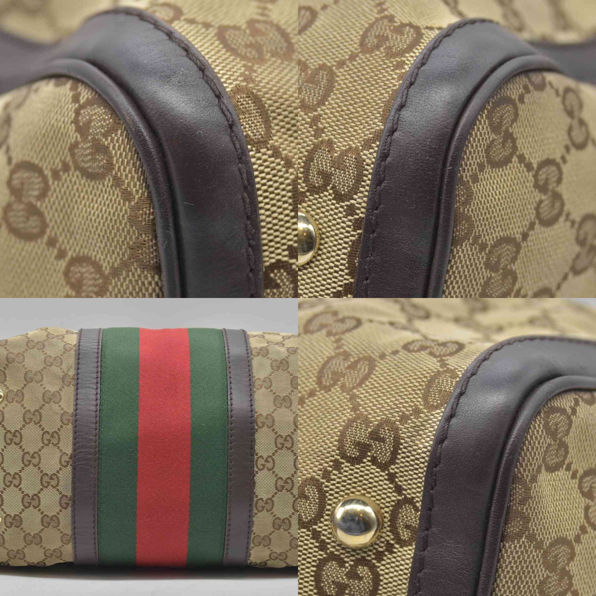 $1350 Gucci Monogram Selleria Calfskin Vintage Web Medium Boston Dark Brown