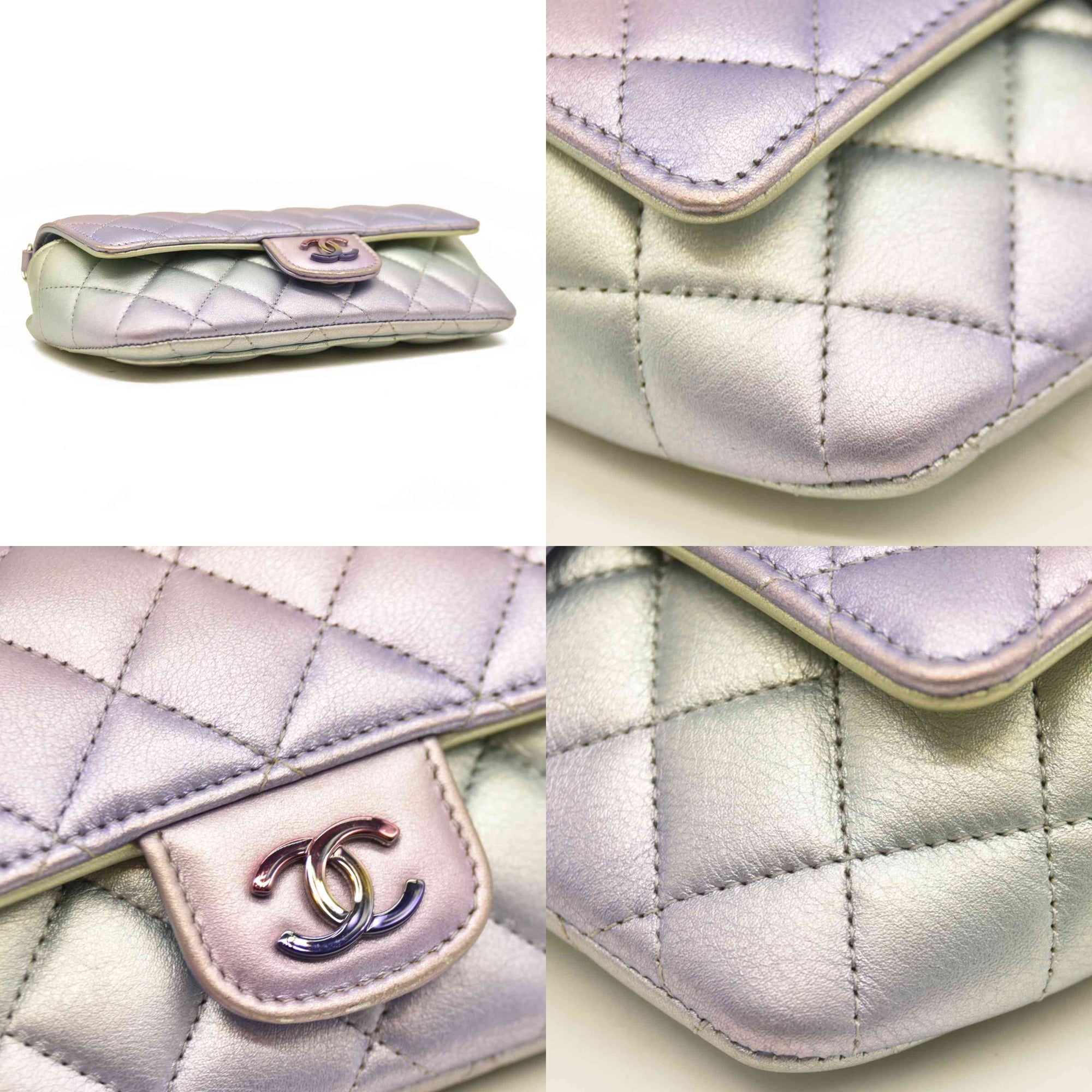 Chanel  Gradient Metallic Calfskin Quilted Glasses Case With Chain Silver Blue Yellow Purple