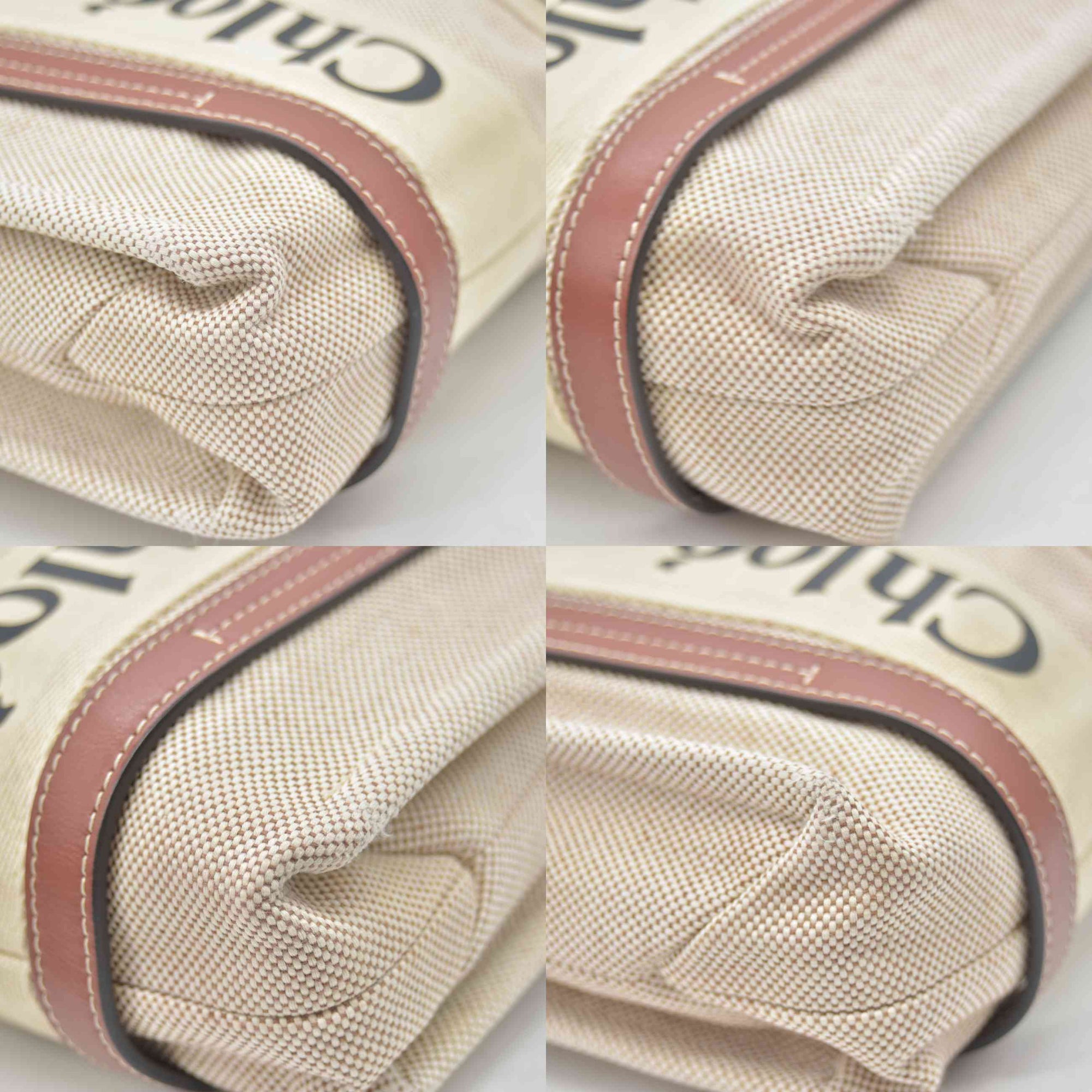 $1250 Chloe Linen Calfskin Small Woody Ribbon Tote  White Brown
